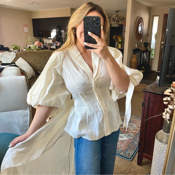 Aje | Silk Linen Puff Sleeve Train Backside Top In Cream Size: US 4 - Picture 1 of 11